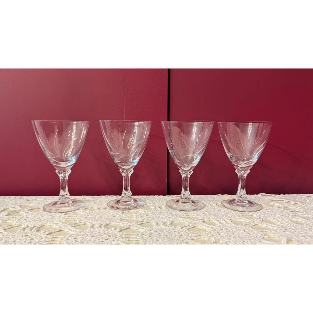 Vintage Fostoria‎ Etched Wheat Water Goblet Glasses Set of 4 Approx. 6